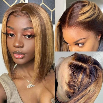 Snv Highlight honey Blonde #4/27 Bob straight Wigs 13x4 4x4 Lace front Wigs Human Hair  Pre Plucked Ready To Wear