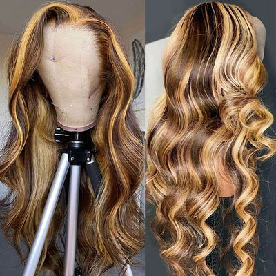 Snv Highlight Honey Blonde Body Wave human hair wig 13×4 4x4 Lace Front Wigs 180% density