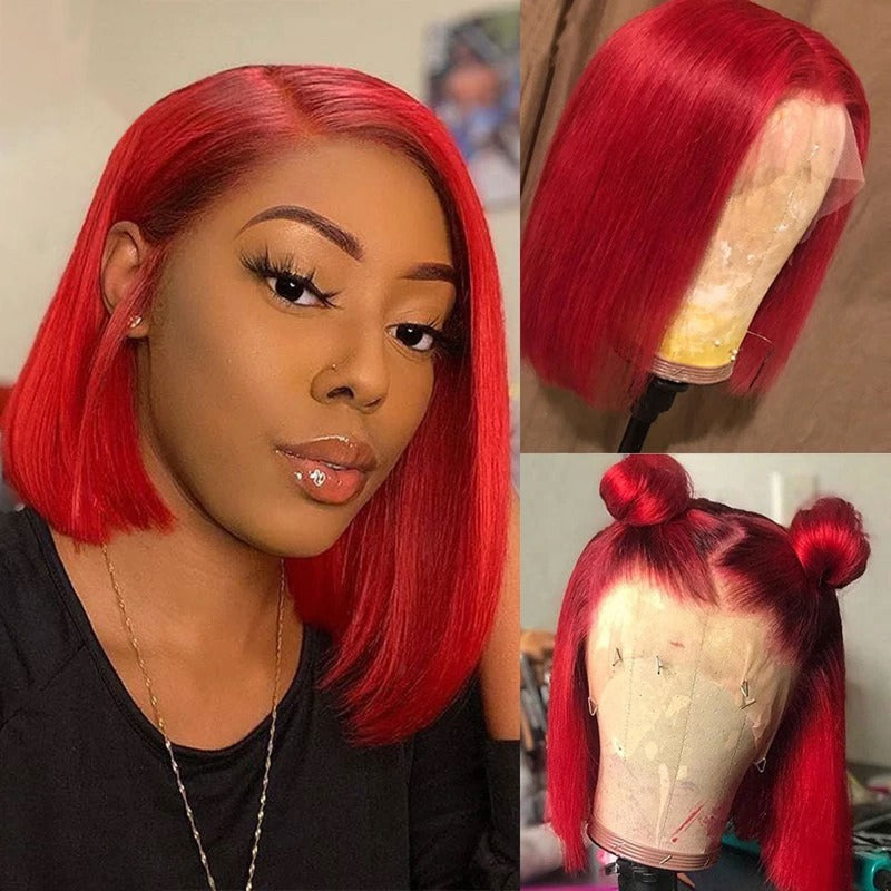 Snv Red Colored 13x4 13x6 lace front wig Straight Hair Bob Wigs 180% density pre plucked with natural hairline