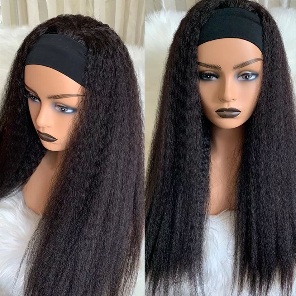 Snv Glueless Wig Kinky Straight Human Hair Wigs No Glue Silk Scarf Headband Wigs For Beginners 180% Density