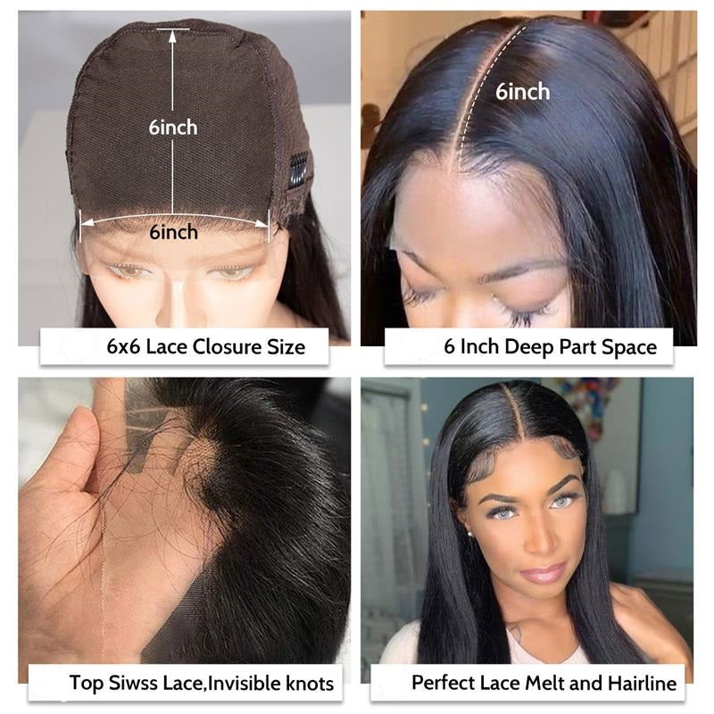 Snv 6×6 Lace Closure Wigs Straight Virgin Human Hair Wig Pre Plucked With Baby Hair 100% Brazilian Human Hair 180% Density