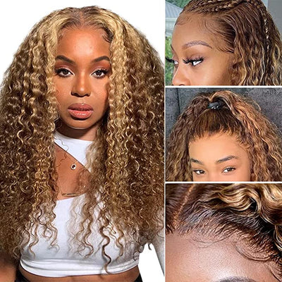 Snv Highlight Honey Blonde Deep Wave hair wig 4x4 13x4 Lace Front Wigs 180% density