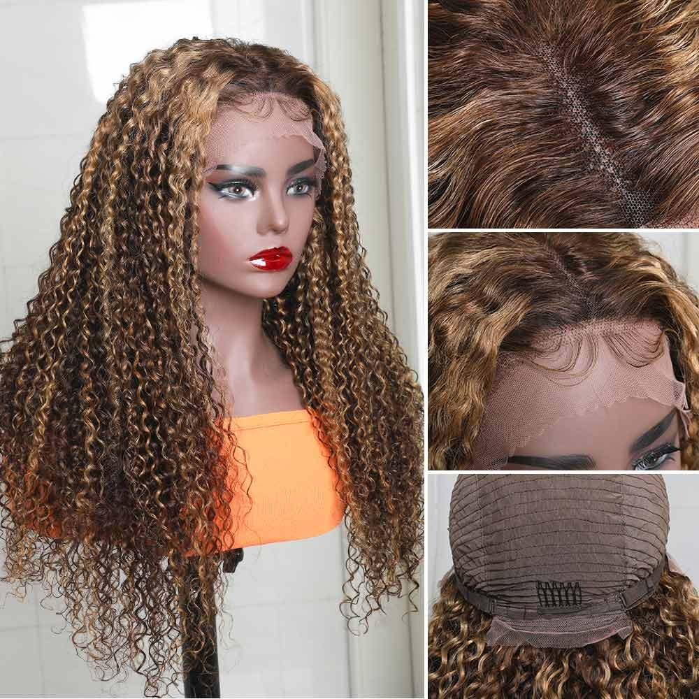 Snv 13x4 Lace Front Wigs  Jerry Curly Wigs Honey Blond Highlight Color With Baby Hair 180% density