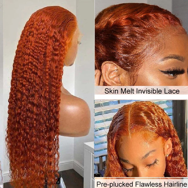 Snv Ginger Orange colored wig Water Wave human hair 13x4 Lace Front wig 180% Density