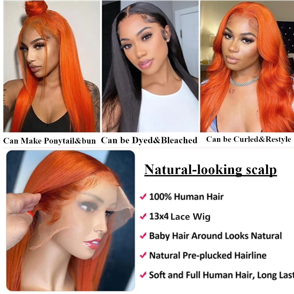 Snv Ginger Orange Color Straight Human Hair 13x4 Lace Front Wigs Transparent Lace Pre Plucked 180% Density