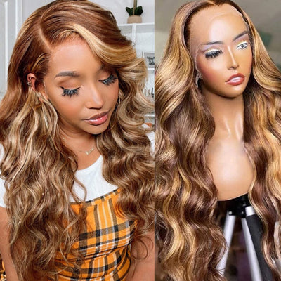 Snv Highlight Honey Blonde Body Wave human hair wig 13×4 4x4 Lace Front Wigs 180% density