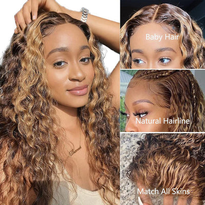 Snv Highlight Honey Blonde Deep Wave hair wig 4x4 13x4 Lace Front Wigs 180% density