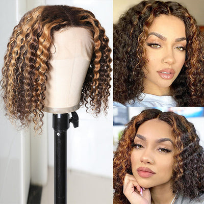 Snv Short bob Wig Highlight  color Water Wave human hair 13×4 4x4 Lace Front Wig180% Density