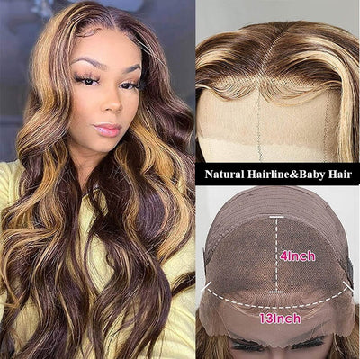 Snv Highlight Honey Blonde Body Wave human hair wig 13×4 4x4 Lace Front Wigs 180% density