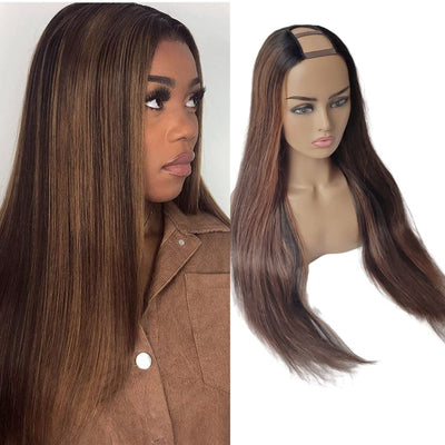 Snv Highlights With Brown Straight Wig U Part wigs For Beginners 180% density