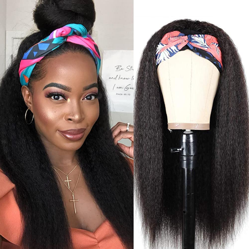 Snv Glueless Wig Kinky Straight Human Hair Wigs No Glue Silk Scarf Headband Wigs For Beginners 180% Density