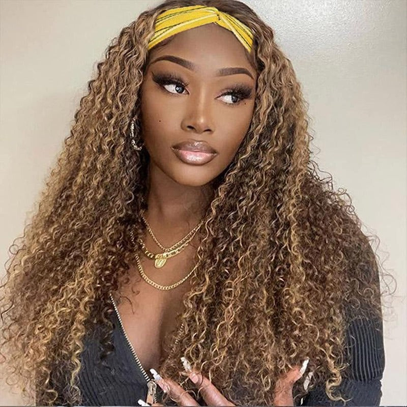 Snv Highlight #4 /27  natural curly Headband Wig Human Hair Wigs for black Women Brazilian Virgin Hair Glueless Scarf Wig