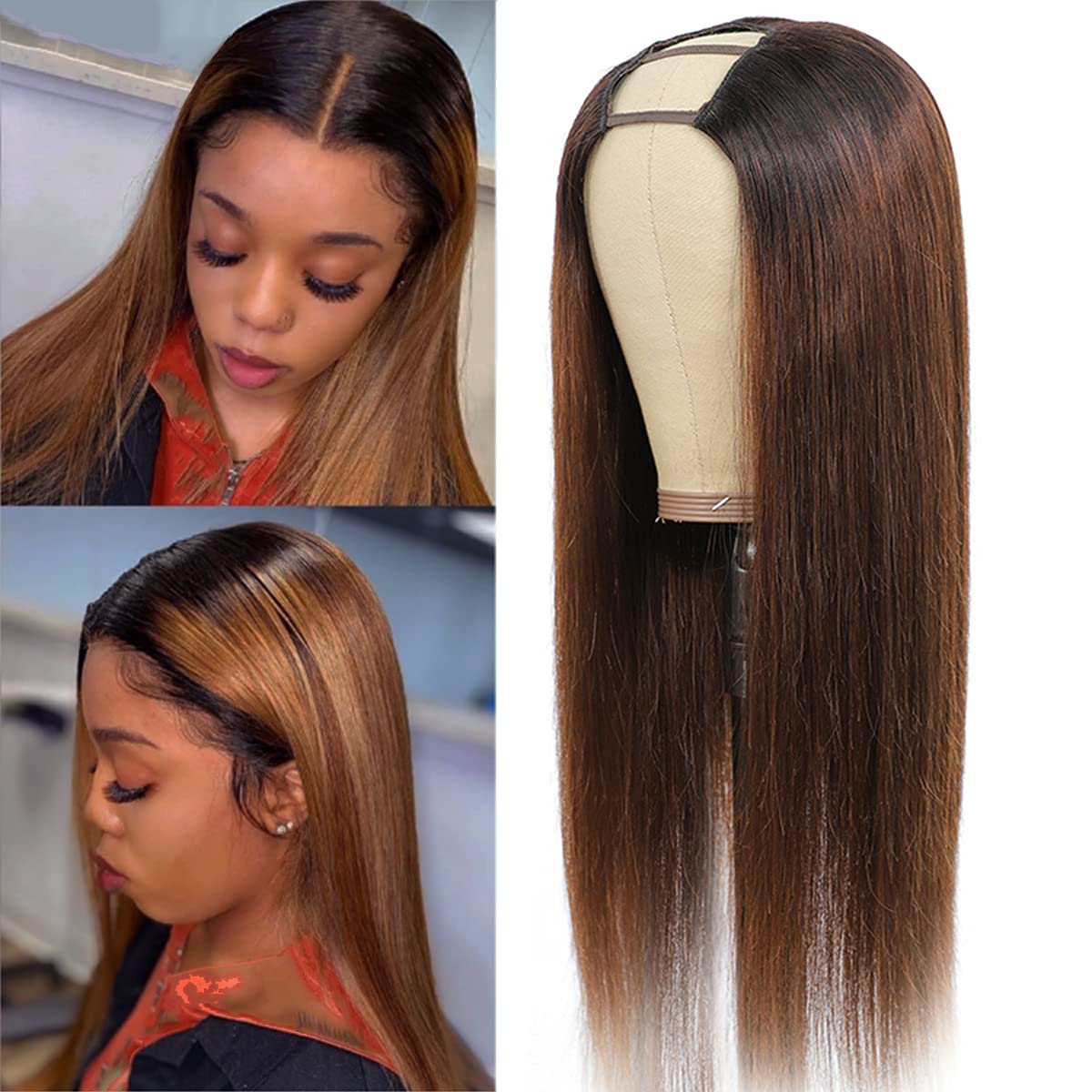 Snv Highlights With Brown Straight Wig U Part wigs For Beginners 180% density