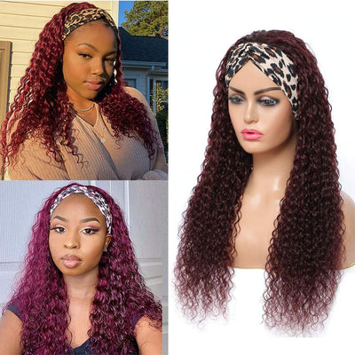 Snv 99J Burgundy Water Wave hair wigs Glueless Headband Wigs  Human Hair Wigs For Beginners 180% Density Wigs