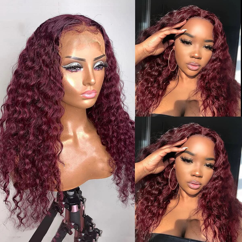 Snv 99J Burgundy Red Deep Wave hair wig 13×4 5x5 Lace Front Wig 180% Density