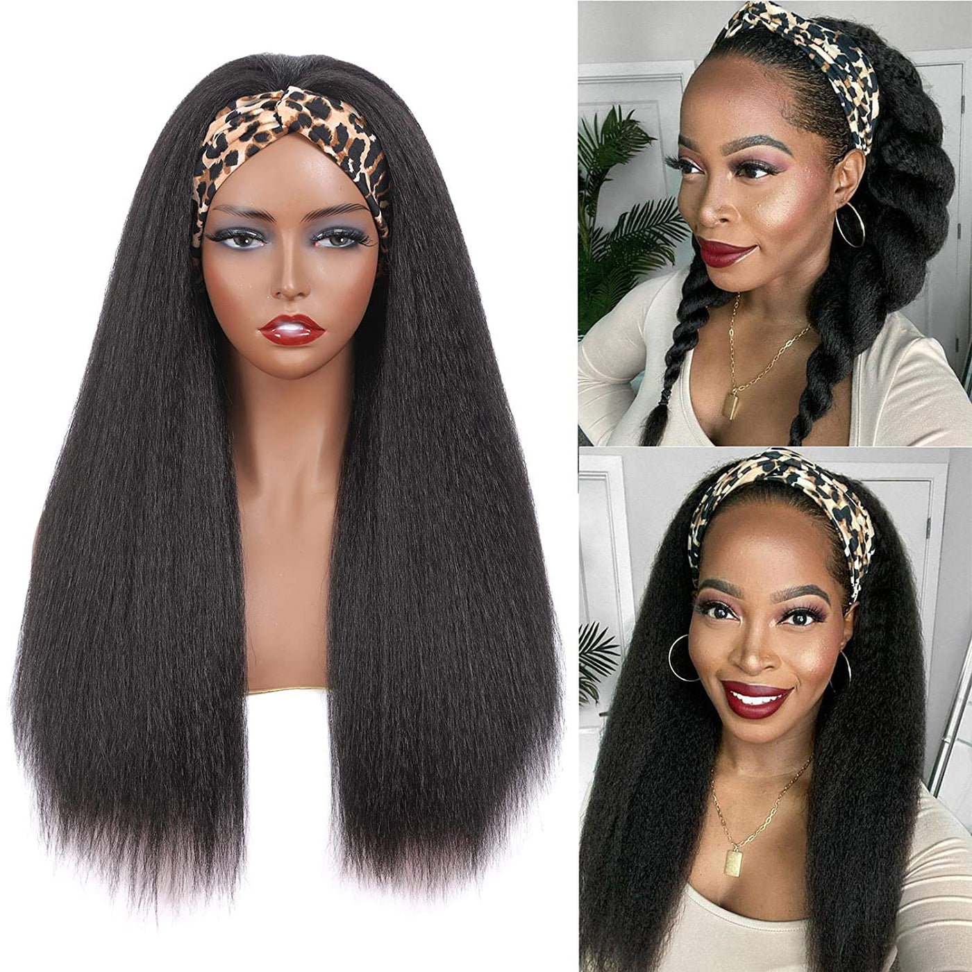 Snv Glueless Wig Kinky Straight Human Hair Wigs No Glue Silk Scarf Headband Wigs For Beginners 180% Density