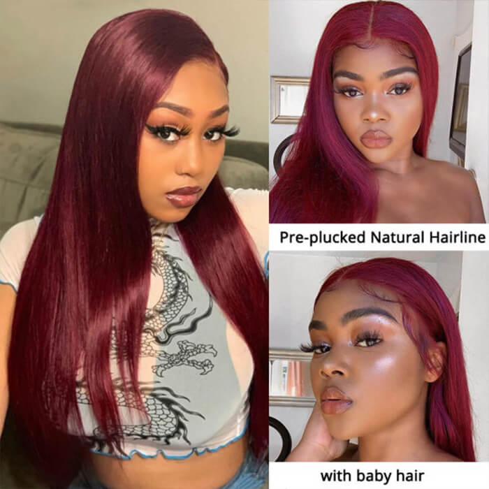 Snv 99J colored 13x4 5x5 Lace Front Wig  Straight wig Real Human Hair Wig  Pre Plucked 180% Density