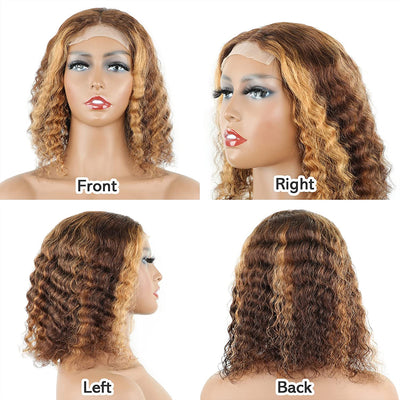 Snv Short bob Wig Highlight  color Water Wave human hair 13×4 4x4 Lace Front Wig180% Density