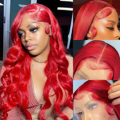 Snv Red Color Body Wave Virgin Human Hair Wig 13x4  Lace Front Wigs High Quality 180% Density