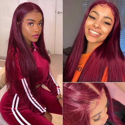 Snv 99J colored 13x4 5x5 Lace Front Wig  Straight wig Real Human Hair Wig  Pre Plucked 180% Density