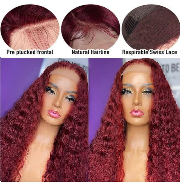 Snv 99J Burgundy Red Deep Wave hair wig 13×4 5x5 Lace Front Wig 180% Density