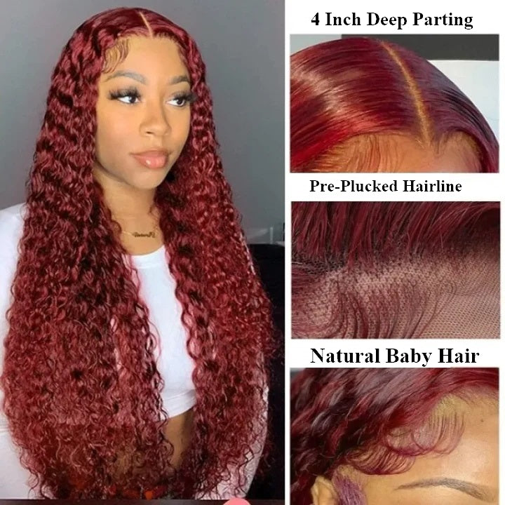 Snv 99J Burgundy Red Deep Wave hair wig 13×4 5x5 Lace Front Wig 180% Density