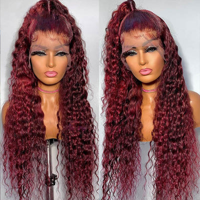 Snv 99J Burgundy Red Deep Wave hair wig 13×4 5x5 Lace Front Wig 180% Density