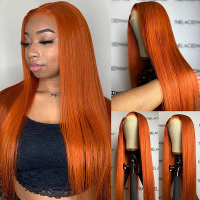 Snv Ginger Orange Color Straight Human Hair 13x4 Lace Front Wigs Transparent Lace Pre Plucked 180% Density