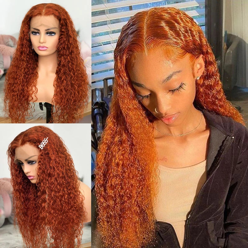 Snv Ginger Orange colored wig Water Wave human hair 13x4 Lace Front wig 180% Density