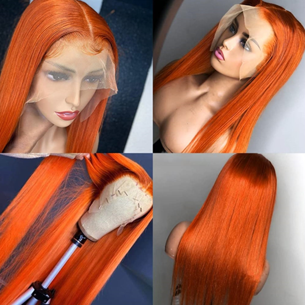 Snv Ginger Orange Color Straight Human Hair 13x4 Lace Front Wigs Transparent Lace Pre Plucked 180% Density