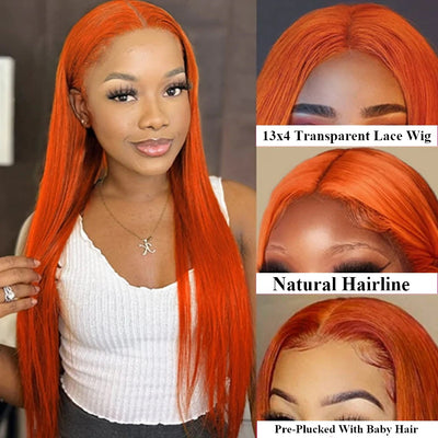 Snv Ginger Orange Color Straight Human Hair 13x4 Lace Front Wigs Transparent Lace Pre Plucked 180% Density