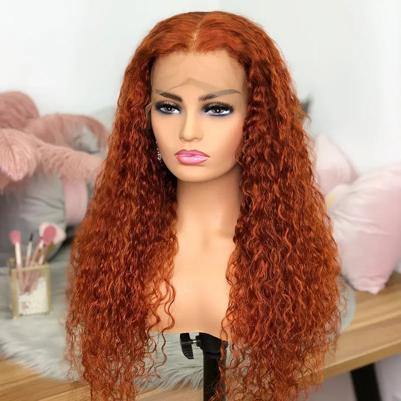 Snv Ginger Orange colored wig Water Wave human hair 13x4 Lace Front wig 180% Density