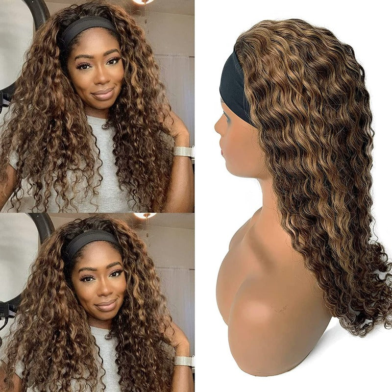 Snv Highlight #4 /27  natural curly Headband Wig Human Hair Wigs for black Women Brazilian Virgin Hair Glueless Scarf Wig