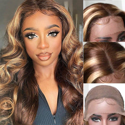 Snv Highlight Honey Blonde Body Wave human hair wig 13×4 4x4 Lace Front Wigs 180% density