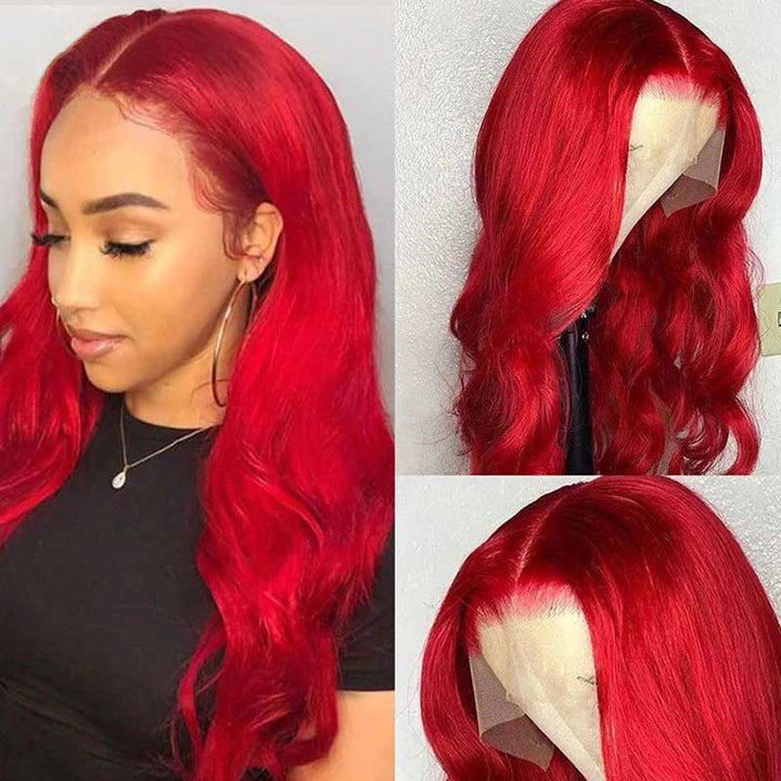 Snv Red Color Body Wave Virgin Human Hair Wig 13x4  Lace Front Wigs High Quality 180% Density