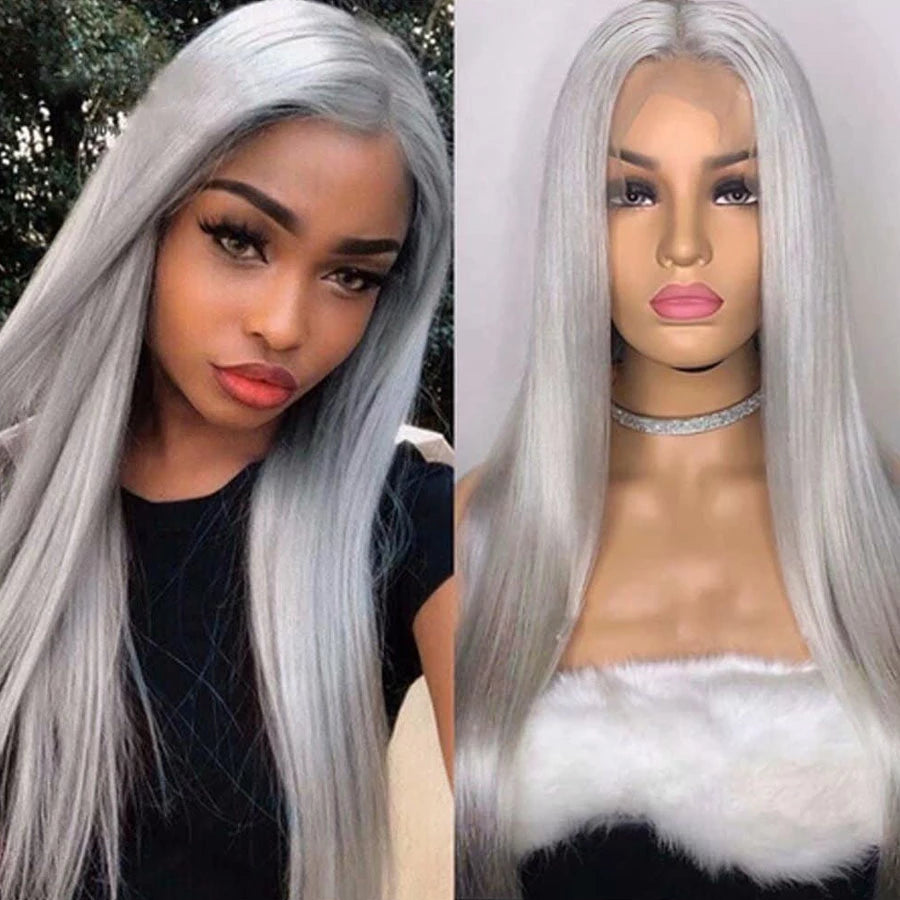 Snv White Grey Wig Human Hair Straight 13x4 Lace Front Wig Pre Plucked 180% Density