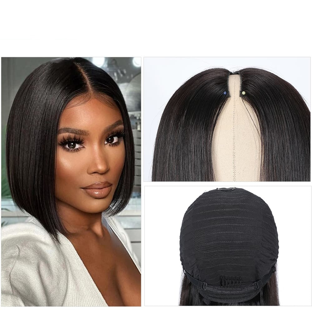 Snv V Part Wig Human Hair Straight Short Bob Wigs For Black Women No Glue No Sewing Natural Hairline Beginner Friendly