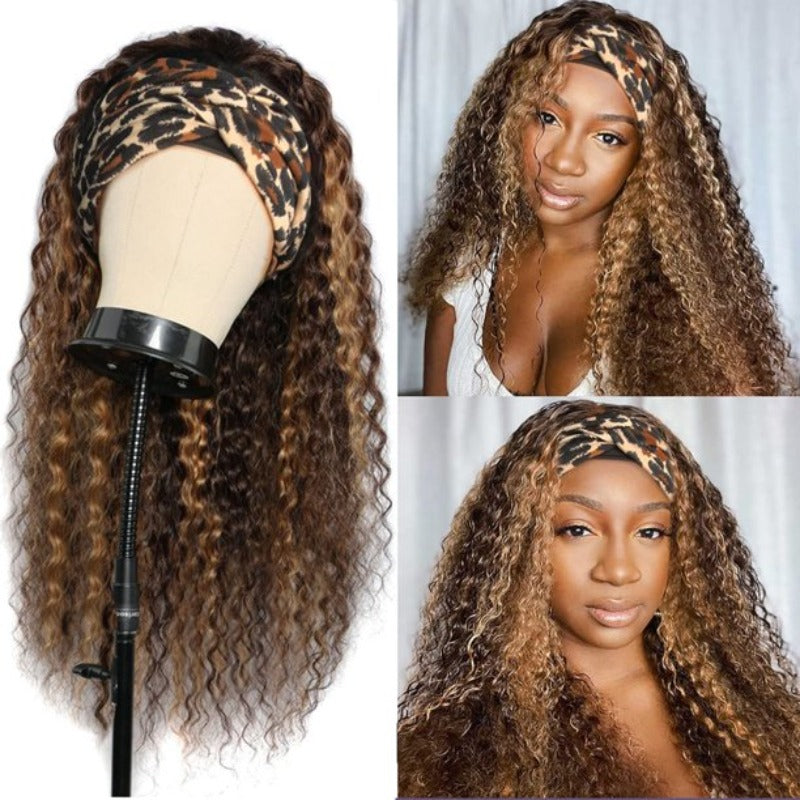 Snv Highlight #4 /27  natural curly Headband Wig Human Hair Wigs for black Women Brazilian Virgin Hair Glueless Scarf Wig