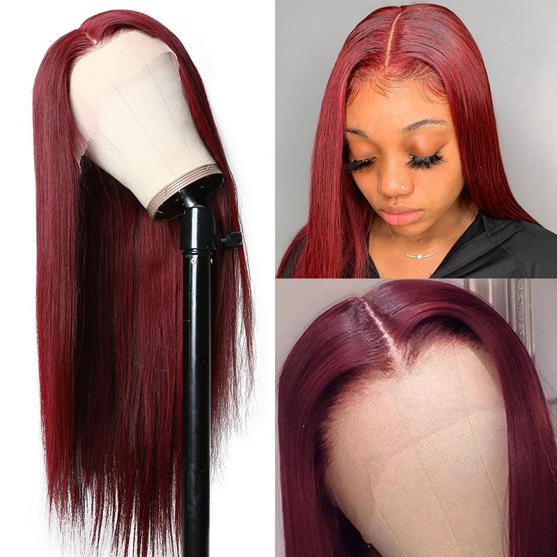 Snv 99J colored 13x4 5x5 Lace Front Wig  Straight wig Real Human Hair Wig  Pre Plucked 180% Density