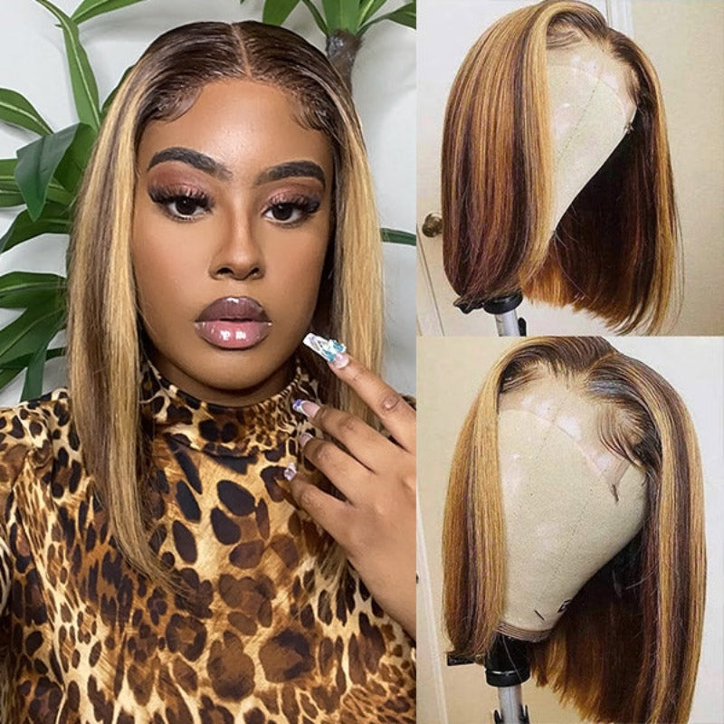 Snv Highlight honey Blonde #4/27 Bob straight Wigs 13x4 4x4 Lace front Wigs Human Hair  Pre Plucked Ready To Wear