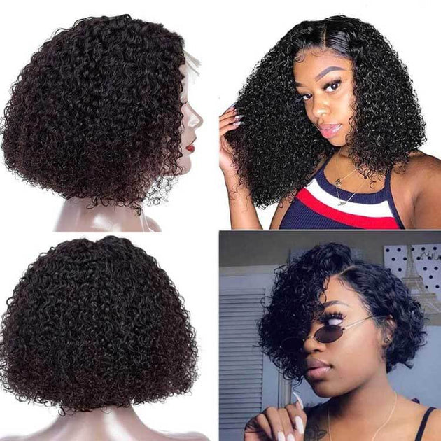 Snv Kinky Curly human hair 13x4 4x4 Lace Front Wig Short bob Wigs 180% Density