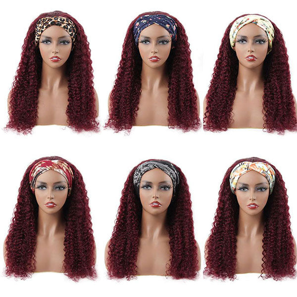 Snv 99J Burgundy Water Wave hair wigs Glueless Headband Wigs  Human Hair Wigs For Beginners 180% Density Wigs