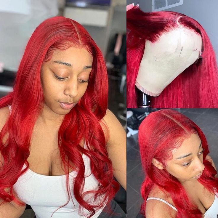 Snv Red Color Body Wave Virgin Human Hair Wig 13x4  Lace Front Wigs High Quality 180% Density