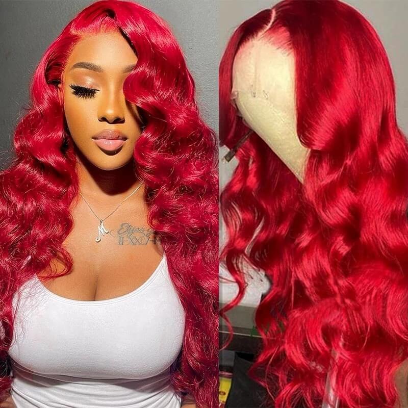 Snv Red Color Body Wave Virgin Human Hair Wig 13x4  Lace Front Wigs High Quality 180% Density