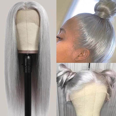 Snv White Grey Wig Human Hair Straight 13x4 Lace Front Wig Pre Plucked 180% Density