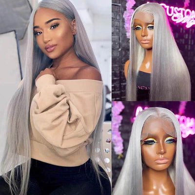 Snv White Grey Wig Human Hair Straight 13x4 Lace Front Wig Pre Plucked 180% Density