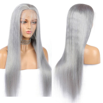 Snv White Grey Wig Human Hair Straight 13x4 Lace Front Wig Pre Plucked 180% Density