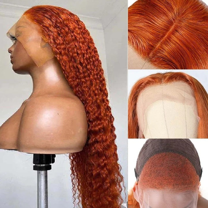 Snv Ginger Orange colored wig Water Wave human hair 13x4 Lace Front wig 180% Density