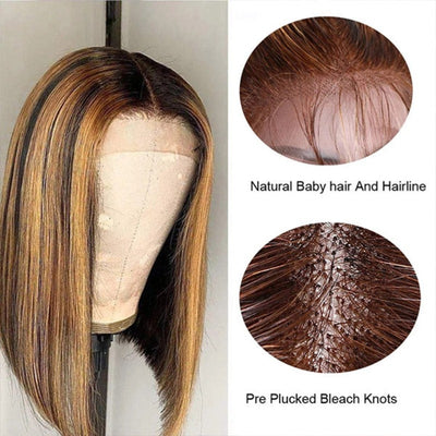 Snv Highlight honey Blonde #4/27 Bob straight Wigs 13x4 4x4 Lace front Wigs Human Hair  Pre Plucked Ready To Wear