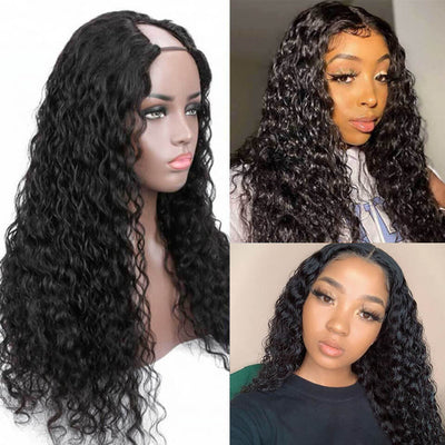 Snv U Part Wigs Water Wave Human Hair Wig No Leave Out No Glue Beginner Friendly 180% Density Wigs